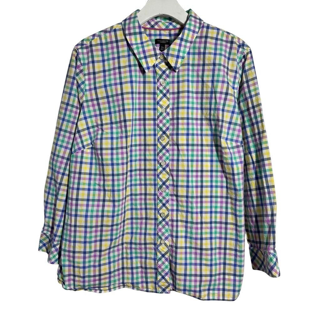 Talbots Plus Size Preppy Old‎ Money Plaid Button Up Shirt Women 3XP Rainbow